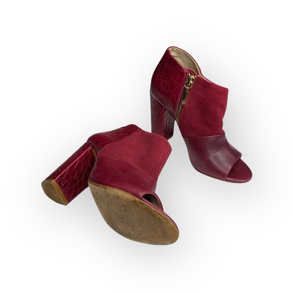 Trina Turk ❉ Los Gatos Heeled Leather + Suede Peep Toe Ankle Bootie ❉ Wine ❉ 5M - Picture 11 of 16